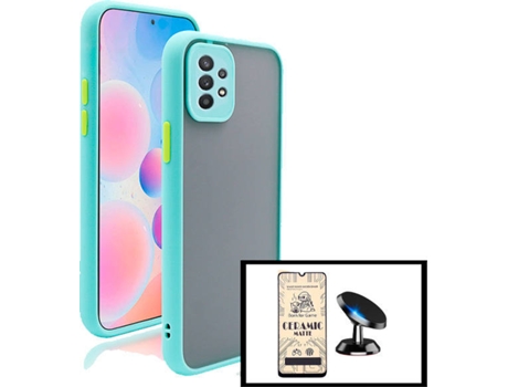 Kit Funda Antichoque, Cristal Templado CeramicGlass Full Cover y Soporte Magnético de Coche Samsung Apple M32 5G PHONECARE Azul Claro