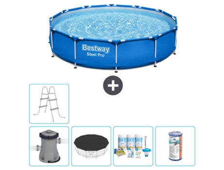 Piscina BESTWAY Round Steel Pro - 366 x 76 cm - Azul - Bomba incluida Cubrir - Paquete de mantenimiento - Filtrar - Escalera