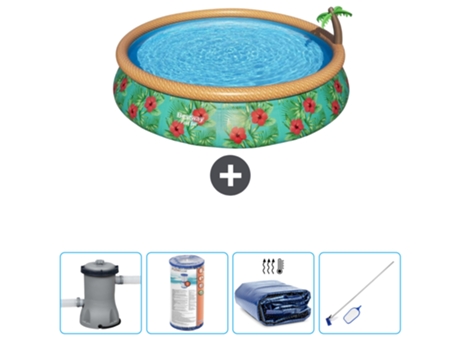 Piscina Hinchable Redonda Fast Set BESTWAY - Estampado Paraíso - 457 x 84 cm - Bomba Incluida Filtrar - Vela solar - kit de limpieza