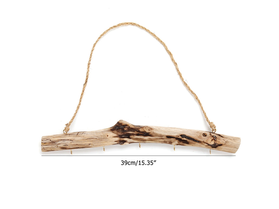 Organizador de joyas de madera natural con 5 ganchos para collares y pendientes.