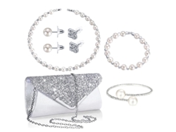 Conjunto de 6 piezas para mujer: bolso de noche con pedrería, pulsera y pendientes de perlas artificiales (1) Eifson