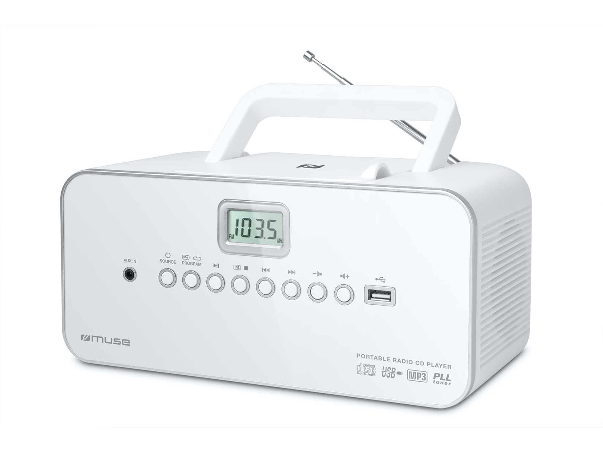 Radio Boombox c/ Lector CD MUSE AM-28RDW (Blanco - PLL - FM/MW - Pilas y Corriente)