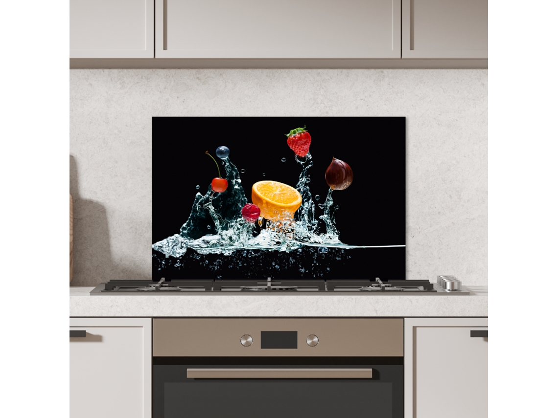 Panel antisalpicaduras para cocina - Agua - Frutas - Naranja - Fresa - Cereza - Negro 70x50 cm