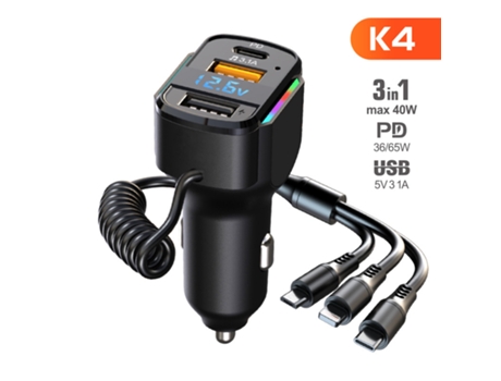 Cargador de coche USB de 65W Carga rápida QC4.0 QC3.0 FCP AFC Tipo C Carga rápida USB para coche 3 en 1 Cable de carga rápida ENZONS