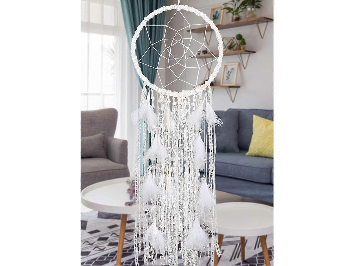 Gran atrapasueños Rebe con plumas blancas y campana, decoración de pared bohemia de macramé (blanco)