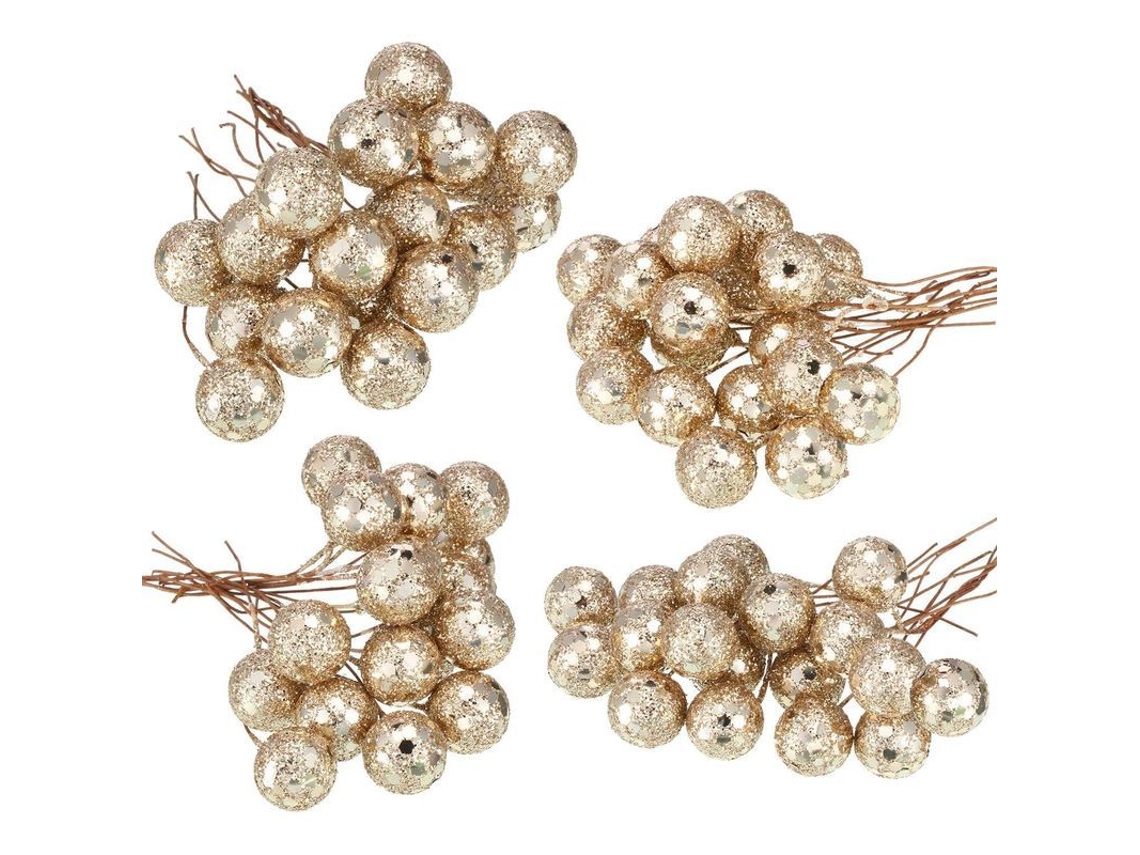 Frutas artificiales Acebo, 100 unidades mini de 65 mm en alambre para decoración navideña y manualidades (Champán dorado con lentejuelas)