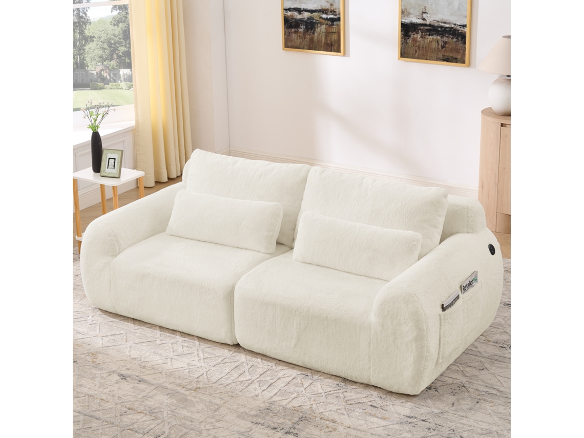 Sofá De 2 Plazas En Piel De Conejo Con Puerto Usb Y Bolsillo Lateral, Color Beige.