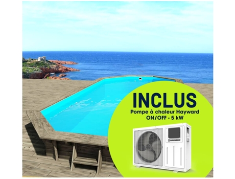 Piscina de madera "Cancún" - 6,53 x 4,41 x 1,45 m + bomba de calor reversible "Simplicity by Hayward" ON/OFF - 5 kW - Blanco HABITAT ET JARDIN