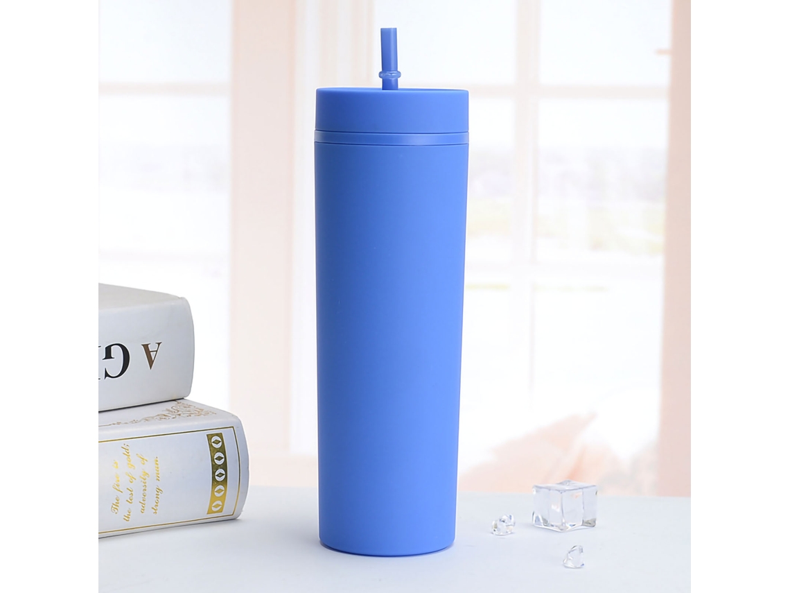 Taza De Plástico Sencilla Y Colorida Con Pajita, 473 Ml, Portátil, Buen Cierre, Azul.