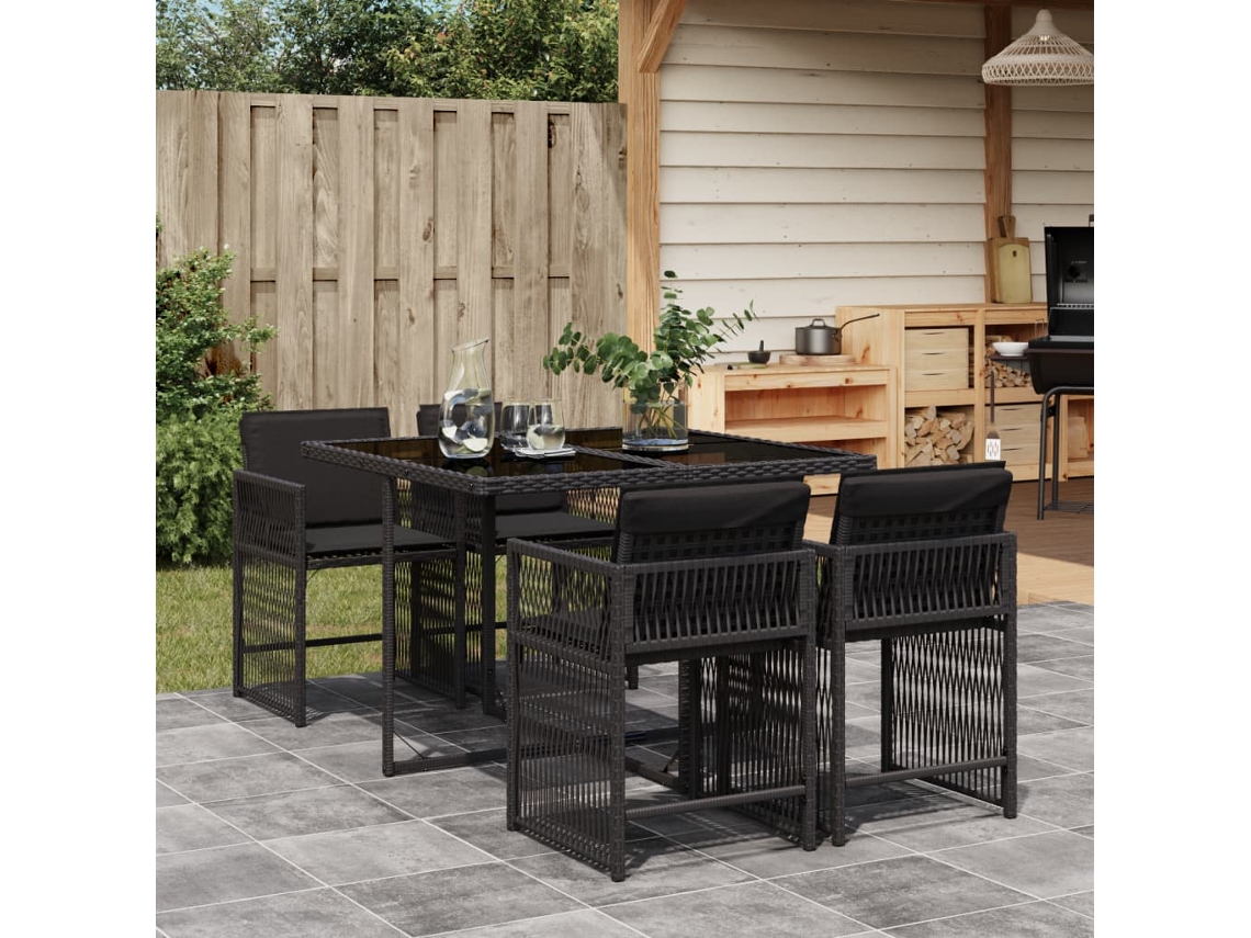 Juego de comedor de jardín de 5 piezas con cojines, mimbre sintético negro, DKD Home Decor