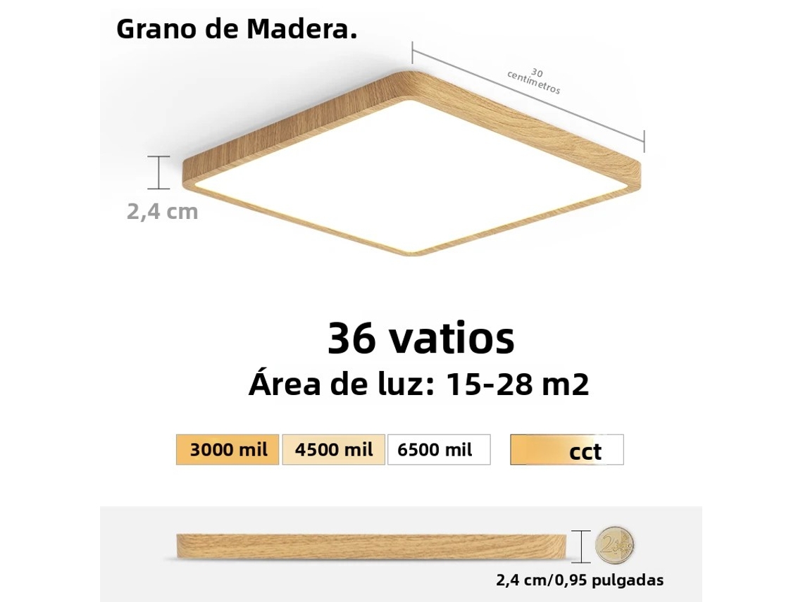 Lámpara de techo LED ultradelgada de 2,4 cm con diseño efecto madera. MDUG (color madera fría, 36 W)