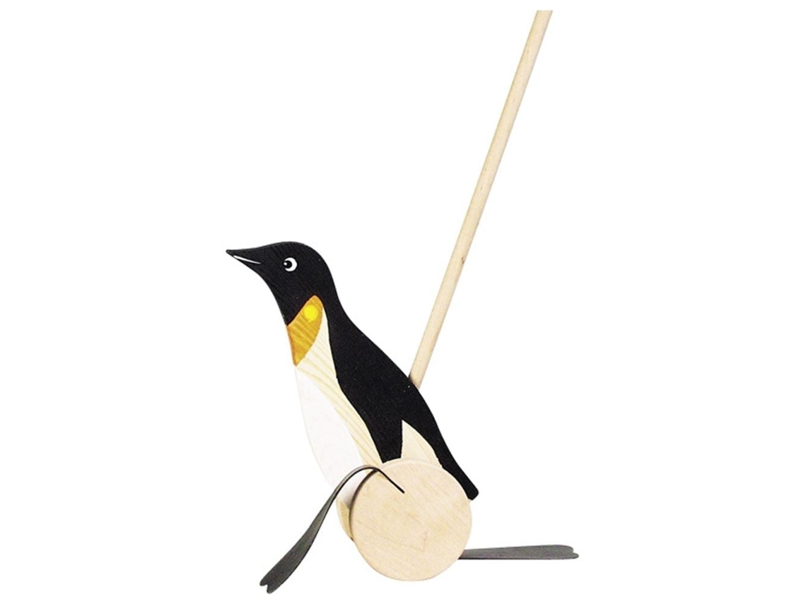 Juguete de empuje de pingüino de madera Goki para niños con ruedas y palo
