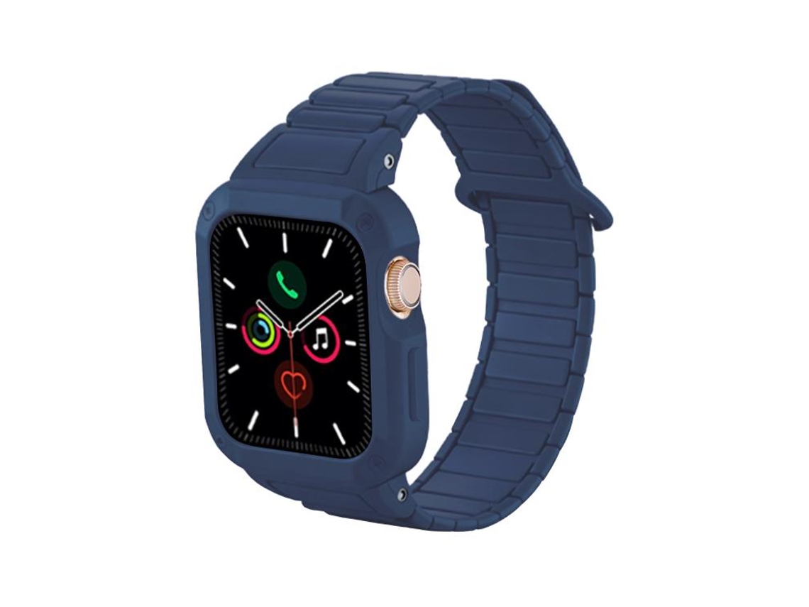 Bracelete Para Apple Watch 46/49/45/44mm - Silicone Com Fecho Magnético Invertido E Capa Tpu Integrada Azul Safira