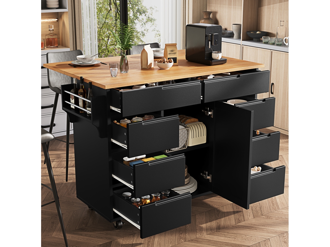Isla De Cocina Moderna 122x74.5x91.5 Cm - Carro De Cocina Con Ruedas, 8 Cajones, Estante Para Especias - Negro