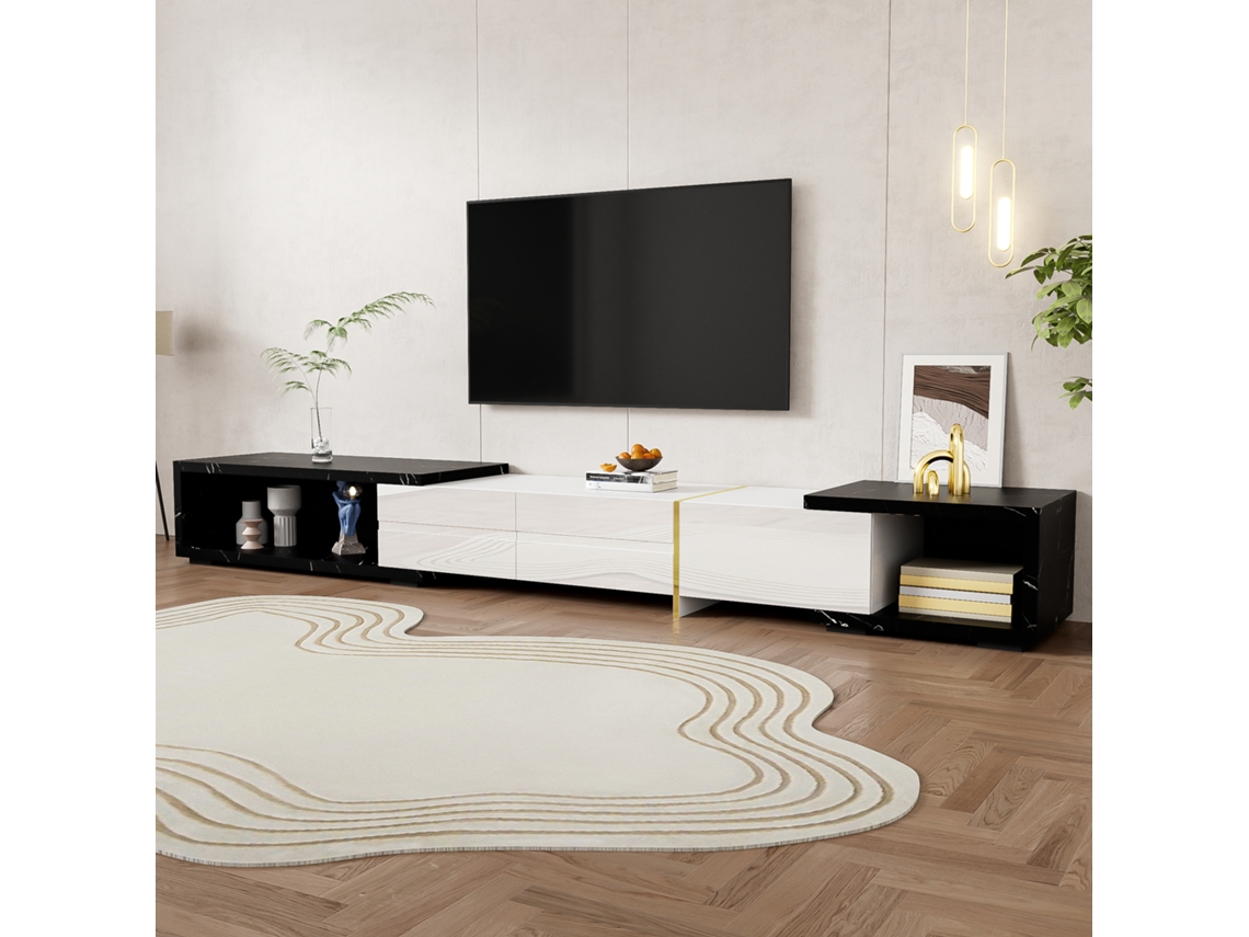Mueble de TV moderno con compartimento regulable y textura de mármol marrón (140x260 cm)