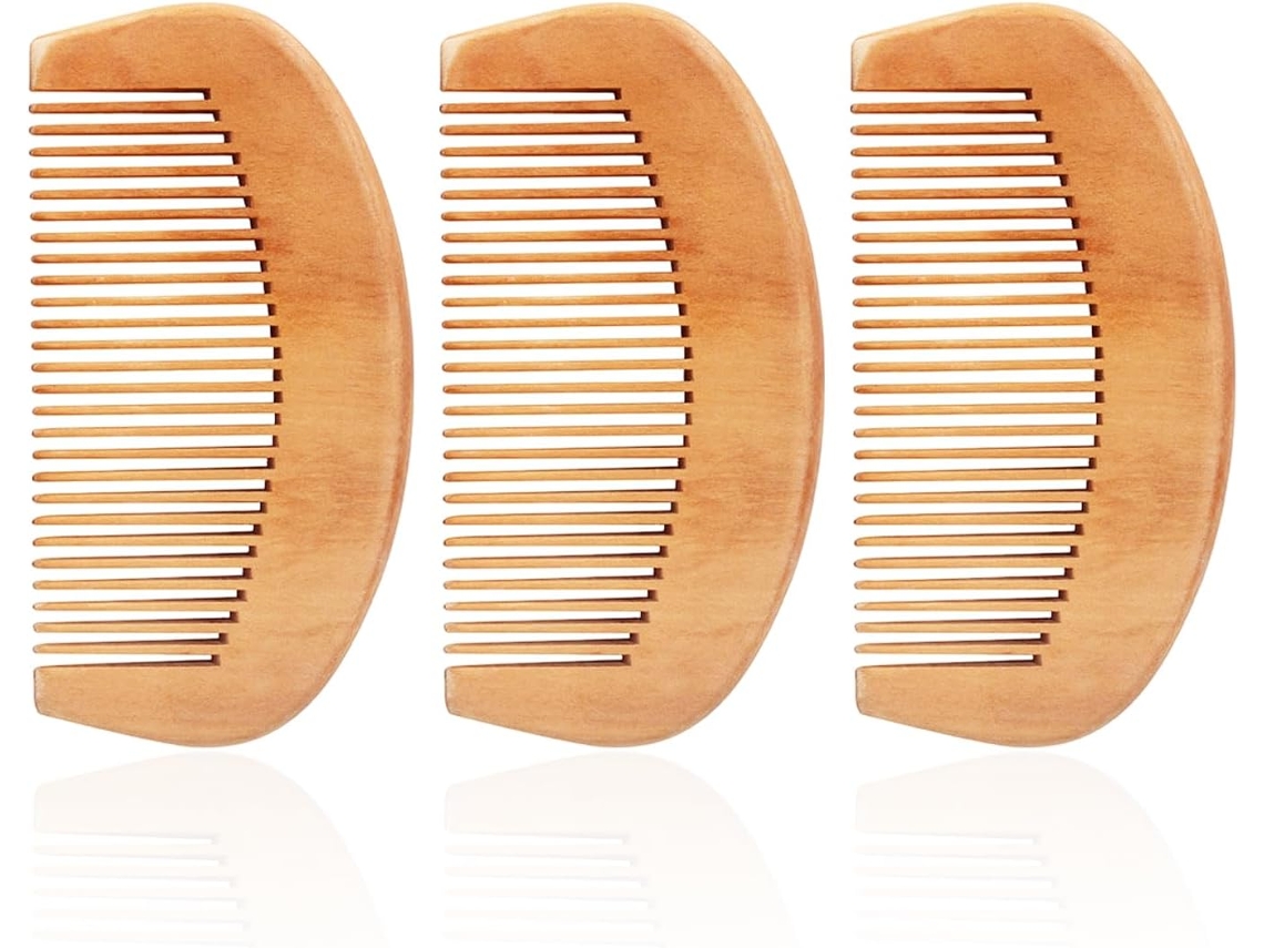 3 Peines Pequeños Redondos Madera Natural Dientes Largos, Para Cabello
