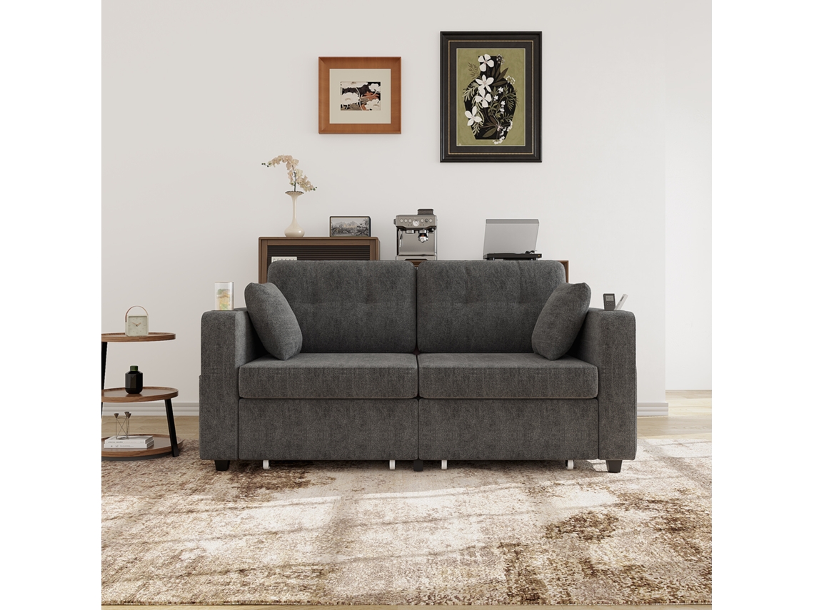 Sofá de dos plazas de terciopelo, 2 cajones, puertos USB, portavasos, bolsillos laterales, compartimentos ocultos, estilo apartamento, gris.