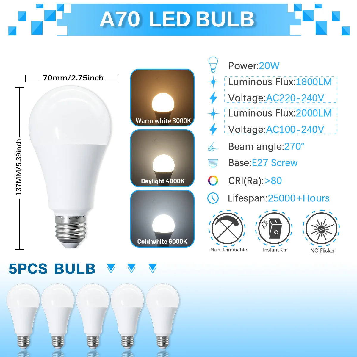 (5pcs, Luz Blanca Cálida 3000k) Bombilla A70 Led, Sin Estroboscópio, Índice De Reproducción De Color Cri80+, Ideal Para Dormitorio, Vestíbulo, Etc.