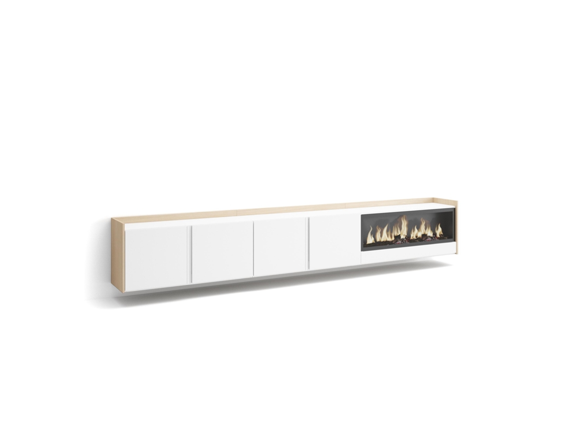 Mueble Tv, Televisión, 315x35x50cm, Para Tv Hasta 80", Chimenea Eléctrica Xxl, Colgado, Suspendido, Blanco Y Roble Soft