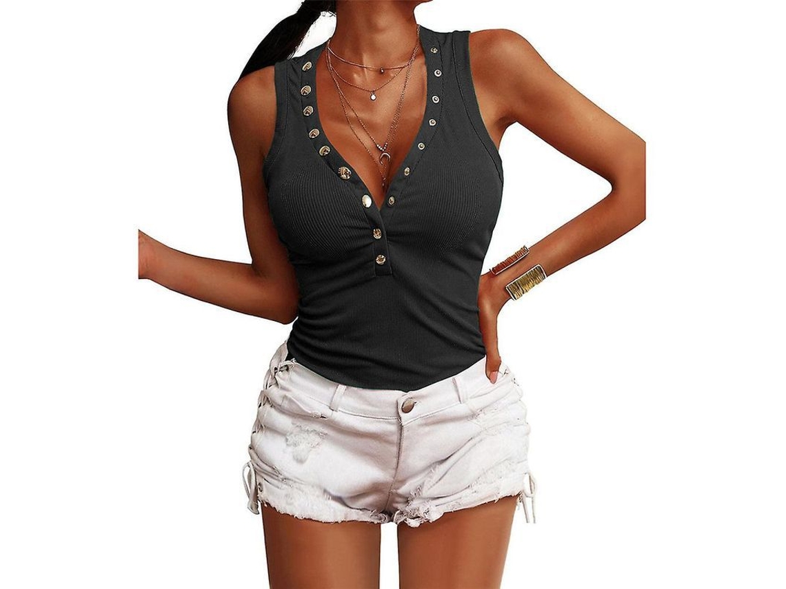 2026-top Sin Mangas Para Mujer Con Botones Cuello En V Slim Ribbed Casual De Mezcla De Algodón