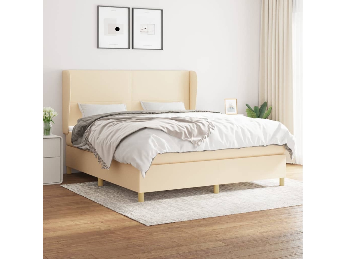 Cama Box Spring Con Colchón Tela Color Crema 160x200 Cm