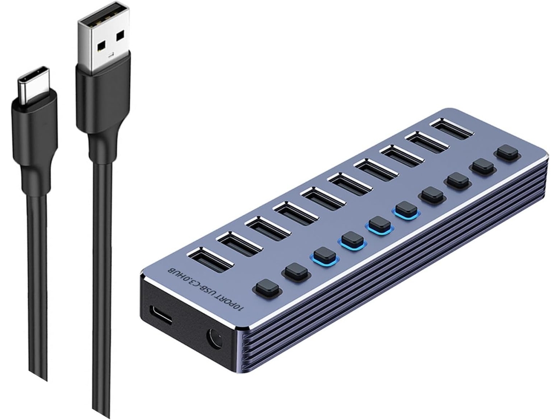 Estación De Acoplamiento Usb 3.0 De Aluminio Con 4/7/10 Puertos Y Adaptador De Carga.