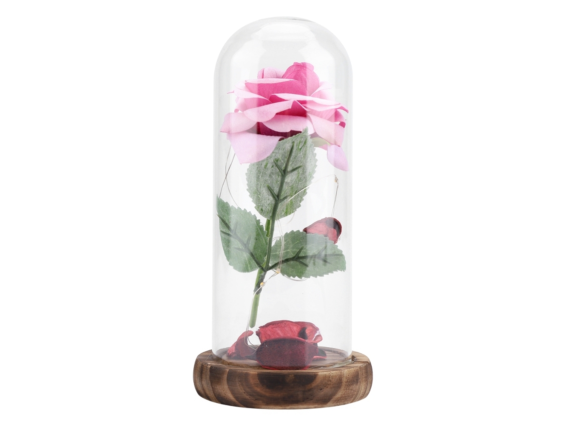 Rosa preservada con luz LED, cubierta de vidrio y base de madera