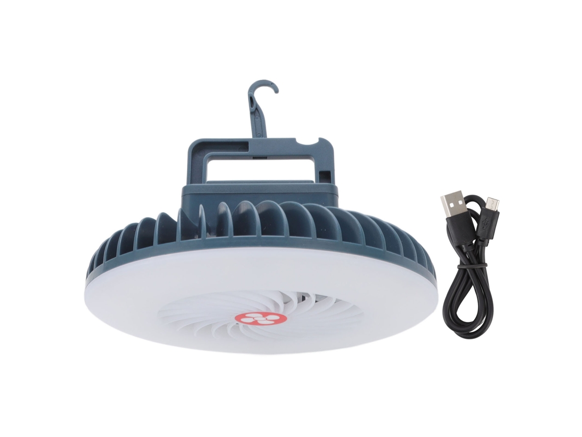 Ventilador LED portátil para camping con gancho magnético y conexión USB.
