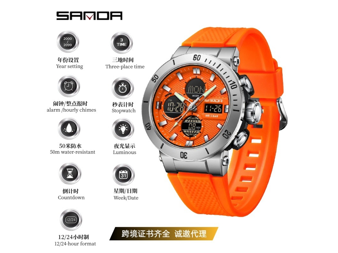 (bisel Naranja) Nuevo Reloj Digital Multifuncional De Moda Con Doble Pantalla Y Cronógrafo Para Deportes.