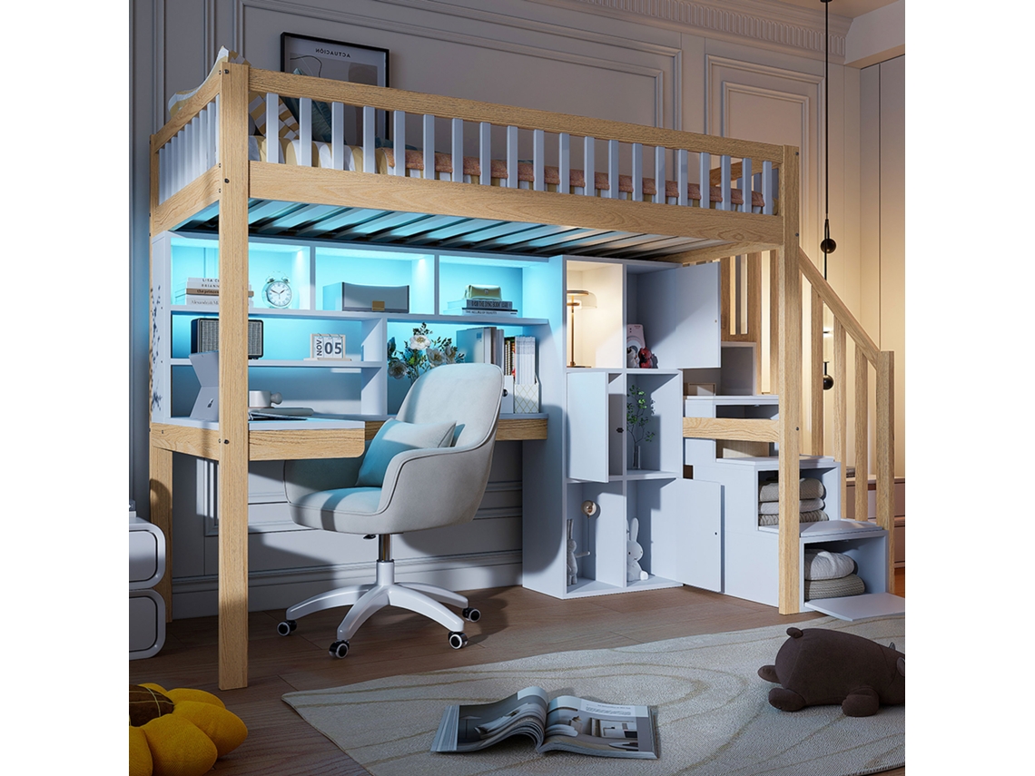 Cama Alta De 90x200 Cm Con Escritorio Led Y Estantes De Almacenamiento, Color Blanco. Colchón No Incluido.