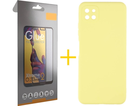 Funda y Protector de Vidrio Full 1x Samsung Galaxy A22 5G SKYHE Silicona Líquida Amarillo