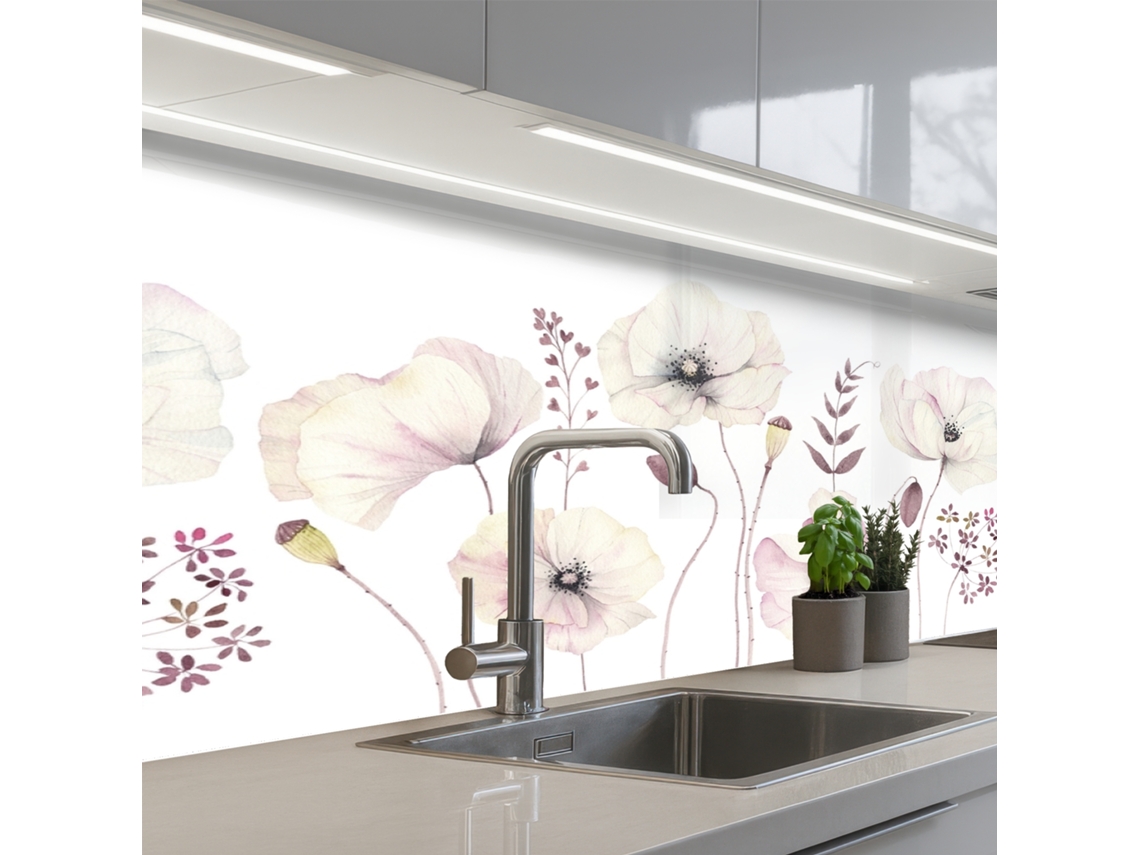 Paneles para salpicadero de cocina - Flores - Tonos pastel - Plantas - Blanco 150x60 cm