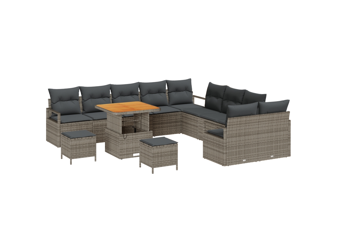 Conjunto 13 De Sofá De Jardín Con Cojines Vidaxl En Gris, Poliratán Y Acacia