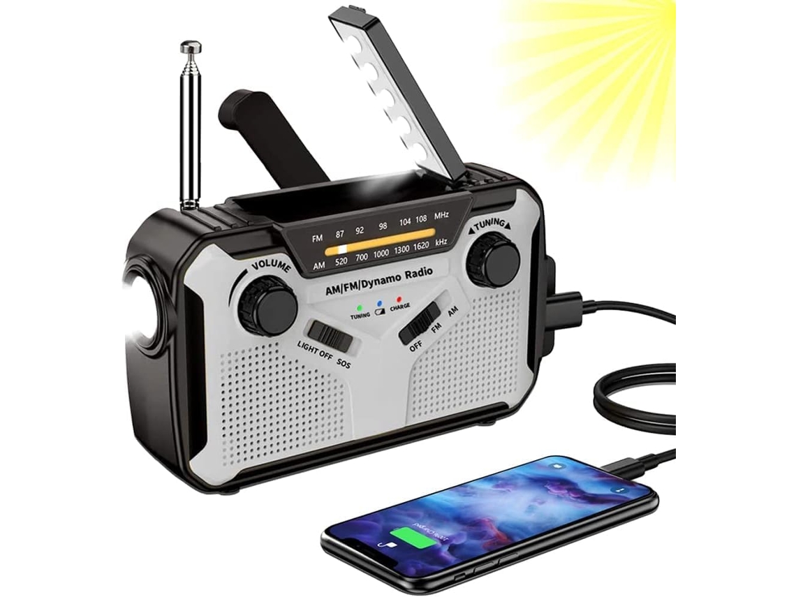 Radio Solar De Emergencia Linterna Led Manivela Portátil Radio Am/fm Gris Gertiz