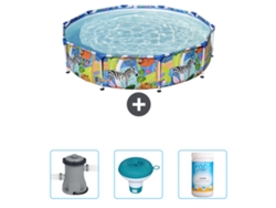 Piscina BESTWAY Round Steel Pro - 305 x 66 cm - Estampado Selva - Incluida Bomba - flotador de cloro - Cloro