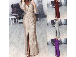 2026-13071-vestido Largo De Secuencias Con Escote V Profundo Y Entalladura Lateral Para Fiesta De Noche Mujer L Blanco