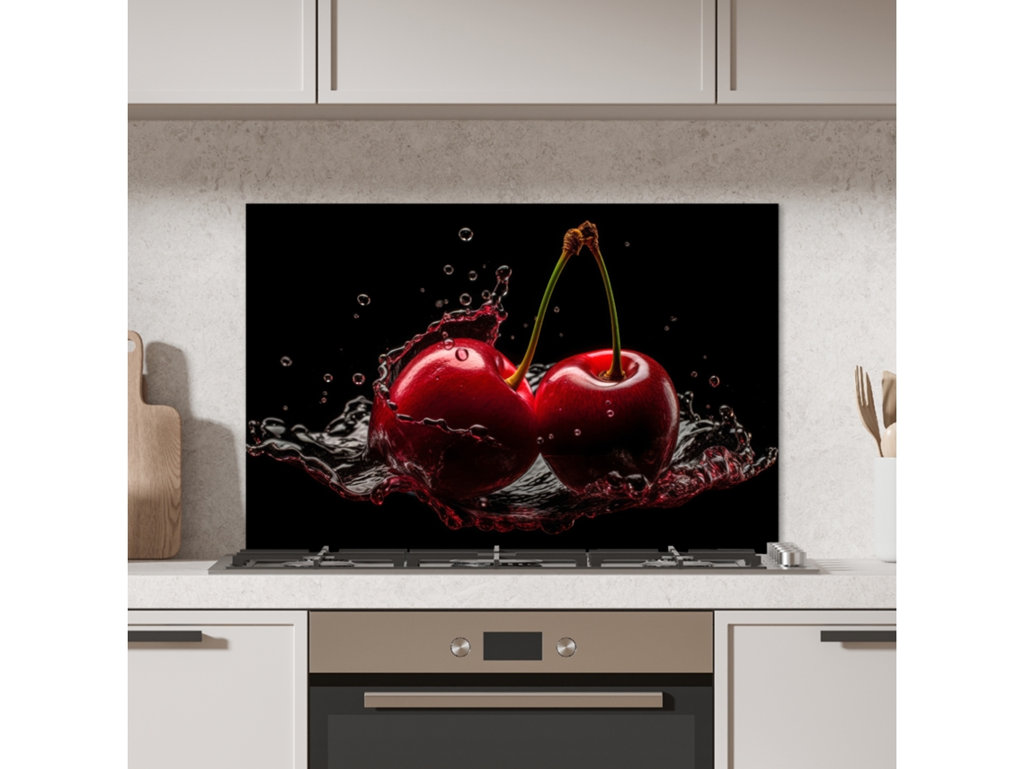 Panel antisalpicaduras de cocina color cereza - rojo - fruta - agua - negro 90x60 cm