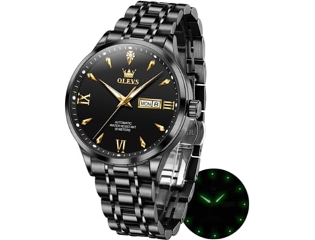 VEANXIN Reloj automático para hombre Calendario mecánico Reloj de negocios de acero inoxidable luminoso resistente al agua(negro)