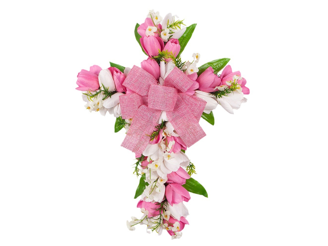 Corona de flores de tulipán con cruz festiva, adorno para puerta y pared