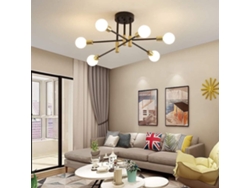 Lustre De Teto Industrial 60w, 6 Bases Para Lâmpada, Ferro Forjado Preto E Dourado, Casquilho E27 (sem Lâmpada), Diâmetro 72 Cm