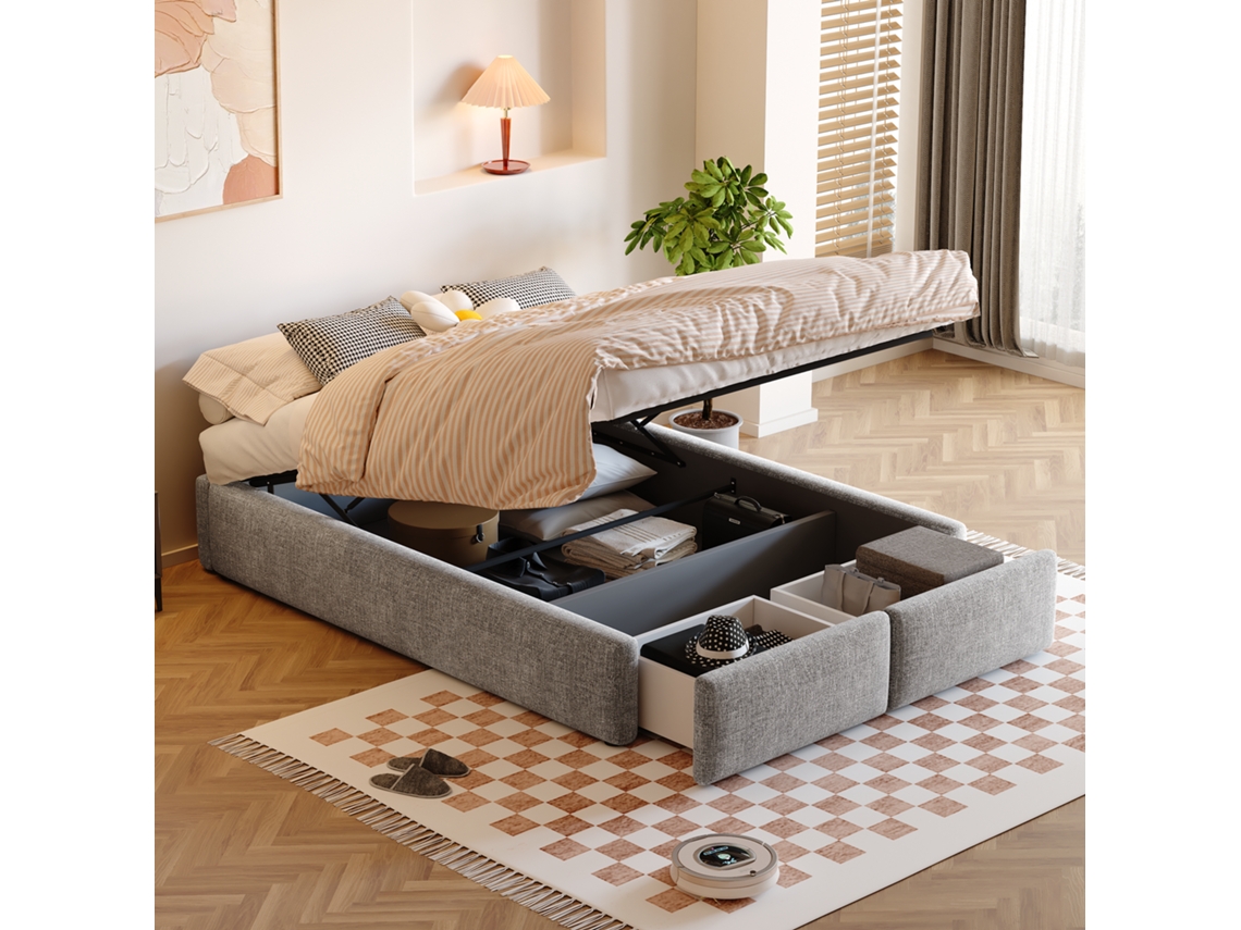 Cama Plataforma De 140x200 Cm, Color Gris, Hidráulica, Con 2 Cajones De Almacenamiento.
