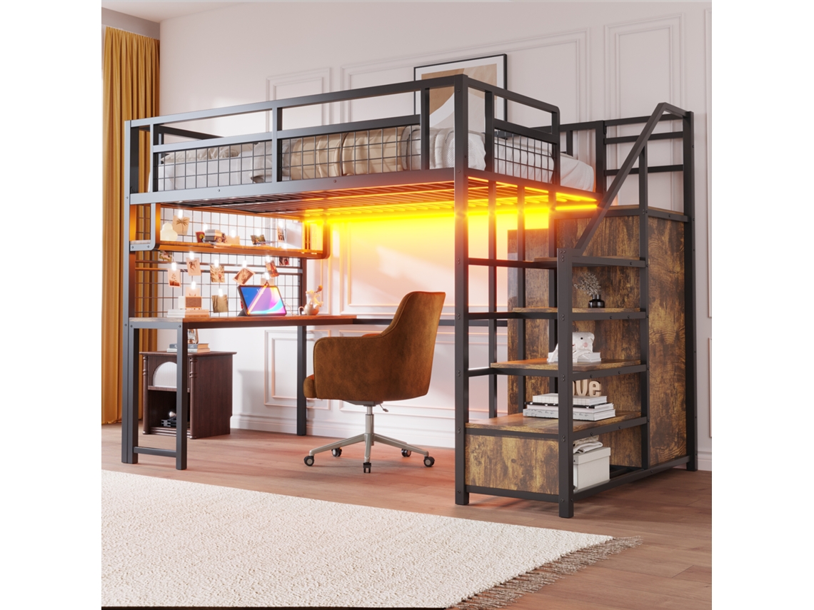 Cama Alta De Metal De 140x200 Con Almacenamiento, Armario, Estante, Red Y Luz Led Negra.