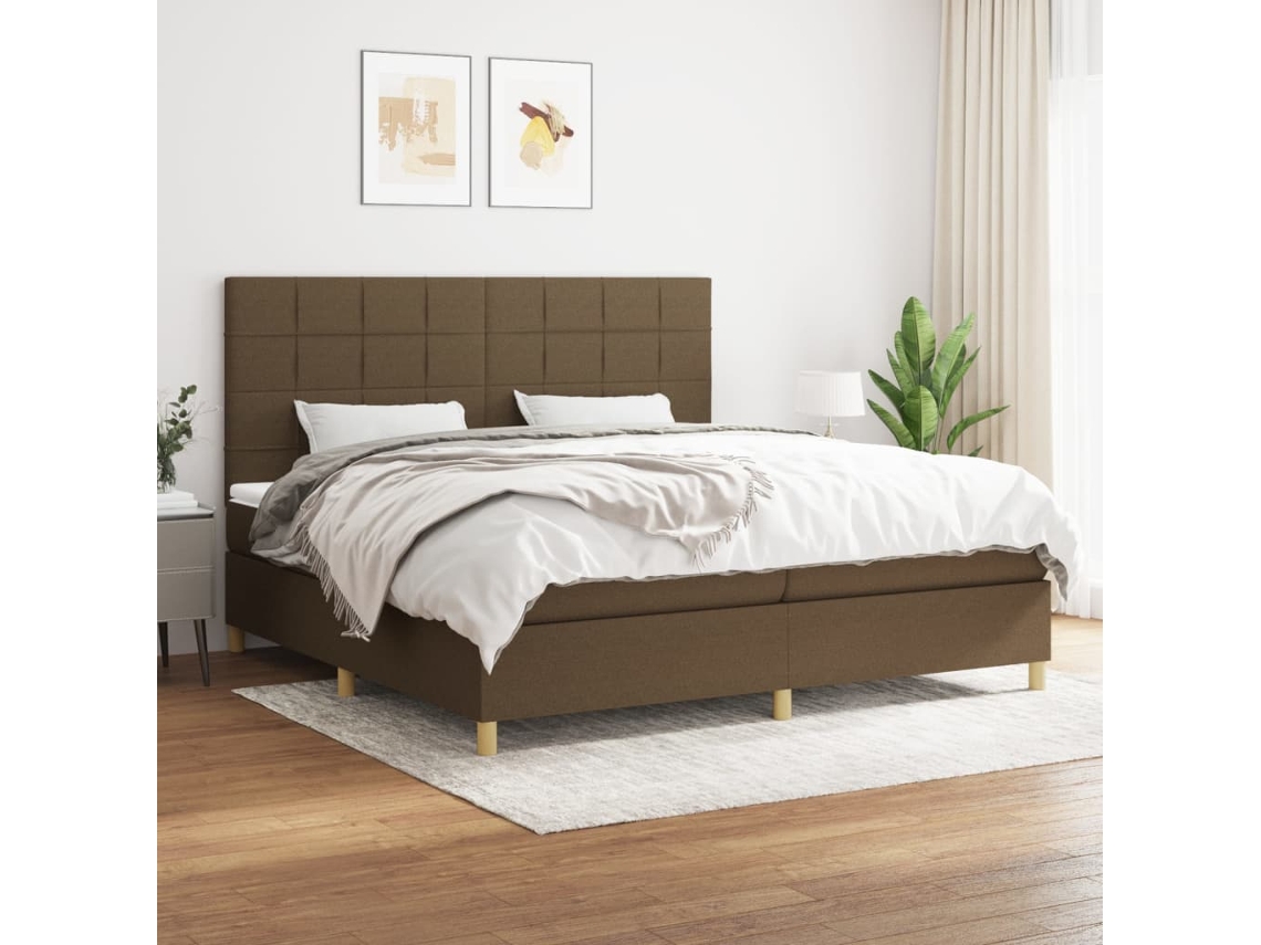 Cama Box Spring Con Colchón Tela Marrón Oscuro 200x200 Cm