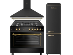 Solthermic® Combo Pack Estufa Gas Rustica Negra 90x60 Panorámico Horno Extractor 90 Frigorífico Congelador Retro 1.88 Fcr188n Negro