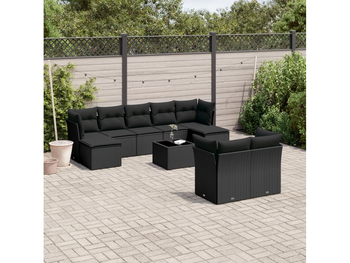 Conjunto de sofá de jardín de 10 piezas con cojines en mimbre sintético negro de DKD Home Decor