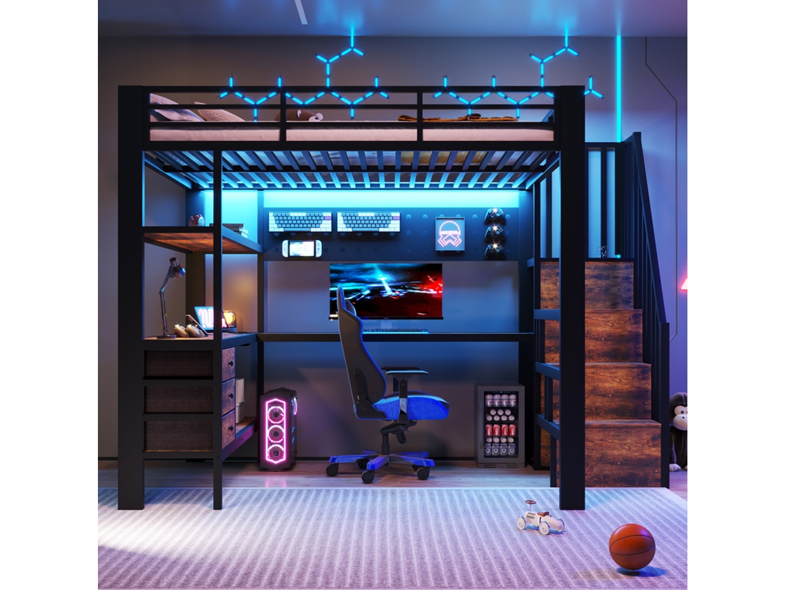 Cama Alta Metálica De 140x200 Cm, Con Escritorio, Estante, Cajón, Panel Perforado, Toma De Corriente, Luz Led, Estructura Negra, Colchón No Incluido.