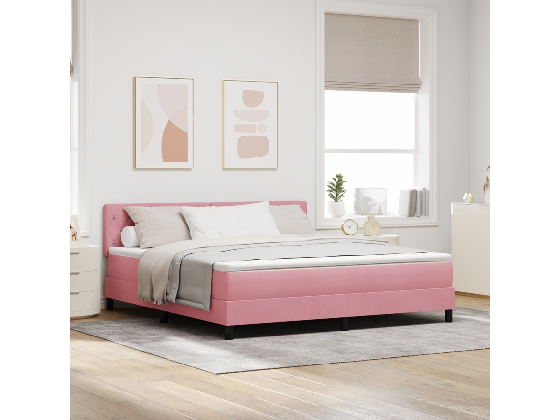 Cama Box Spring Con Colchón Y Led Rosa 180x200 Cm Terciopelo
