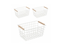 Relaxdays Cestas Metálicas De Rejilla, Set De 3, Asas De Madera, 16 X 31 X 21 Cm, Cuadradas, Baño Y Cocina, Blanco