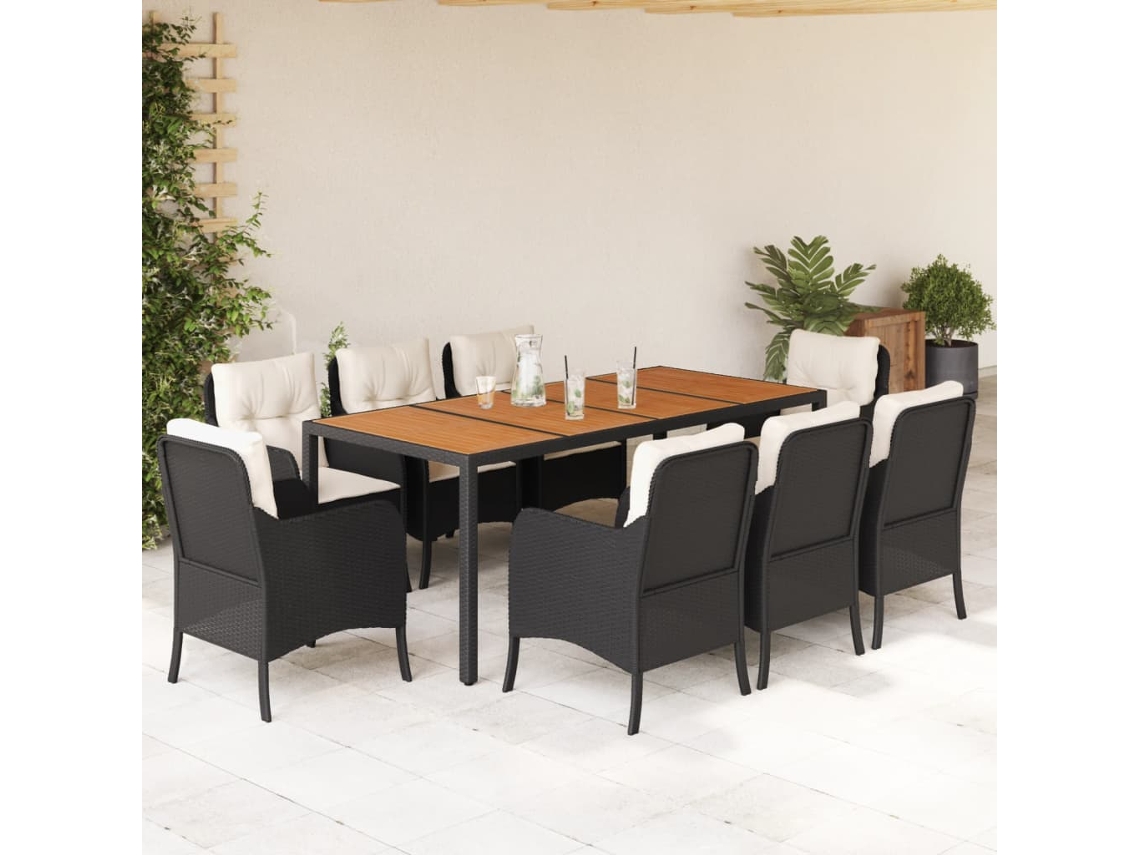 Juego de comedor de jardín de 9 piezas con cojines, mimbre sintético negro, DKD Home Decor