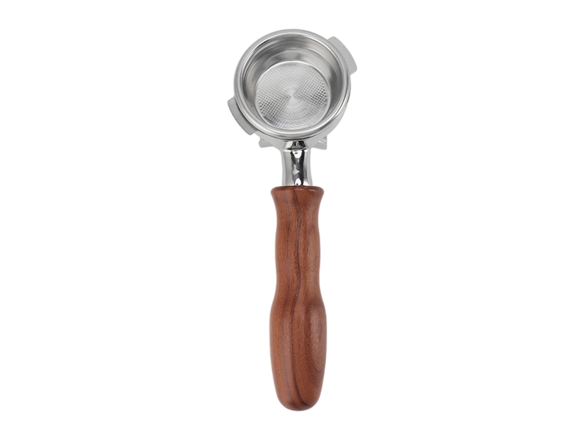 Portafiltro de acero inoxidable de 58 mm con doble boquilla, dos ojos, filtro extraíble y mango de madera para cafetera Nuova Estilo 3 y otras cafeteras.